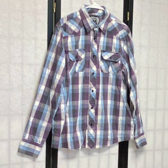 Eighty Eight Long Sleeve Collared Button Up Flap Pocket Plaid Shirt Purple Blue - Picture 3 of 11